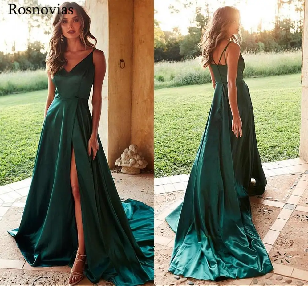 

Dark Green High Split Prom Dresses 2019 Spaghetti Strap V Neck Sweep Train Evening Party Dresses Formal Gowns Vestido De Fiesta