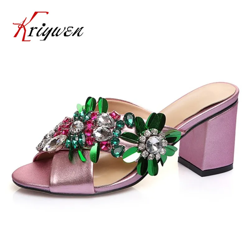 

Summer bohemia colorful crystal slippers cow leather slides women wedding slides footwear high heels lady dating bling shoes