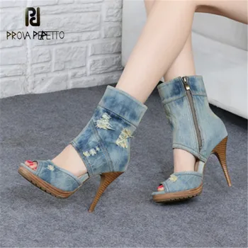 

Prova Perfetto Peep Toe Women Ankle Boots Hollow Out Denim Summer Boots High Heel Shoes Woman Sexy Women Platform Pumps