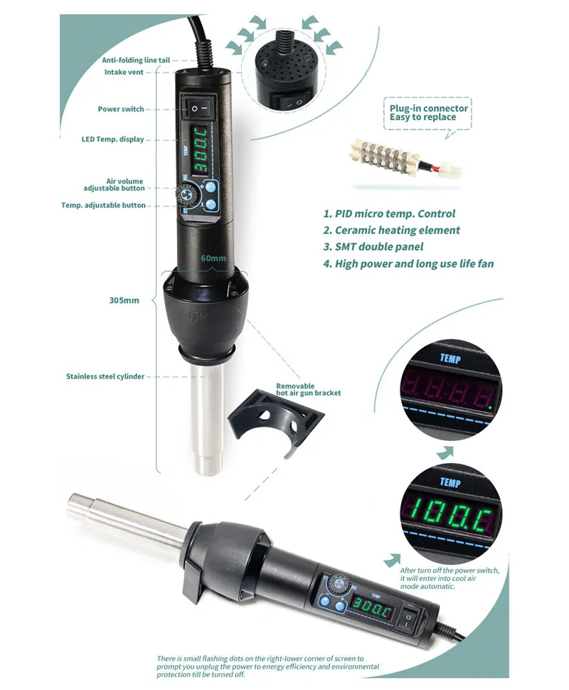 

Jimbon Upgrade 220V EU LED ESD Portable Constant Temperature BGA Rework Solder Station Hot Air Adjustable Heat Gun