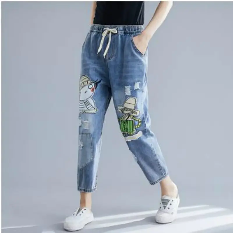 

THHONE Women's Jeans Pants Plus Size Embroidery Pattern Casual Trousers College Style High Waist Ripped Jeans Denim Pants