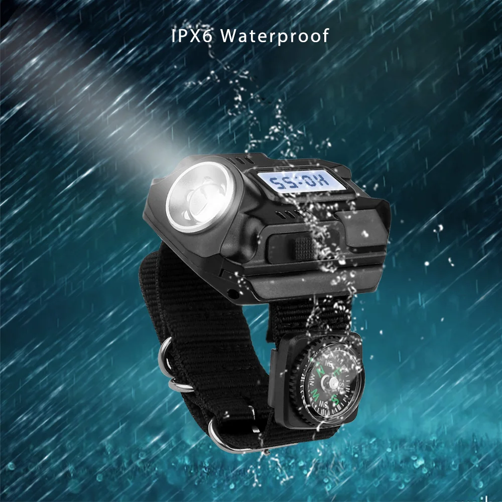 Светодиодный фонарик с 4 режимами, заряжаемые водонепроницаемые часы, наручные часы, SOS, отображение времени с компасом для ночного бега