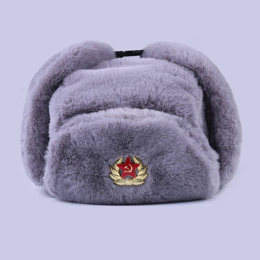 Online Sowjetischen Abzeichen Ushanka Russischen Männer Frauen Winter Hüte Faux Kaninchen Pelz Armee Military Bomber Hut Kosaken Trapper Earflap Schnee Ski kappe