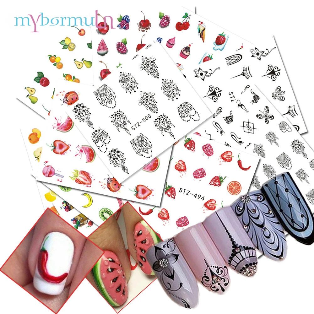 

MYBORMULA 12 Pcs Fruit/Cake/Black Sexy Image Nail Art Sticker Set Water Transfer Sticker Nails Tips Charms DIY Decorations