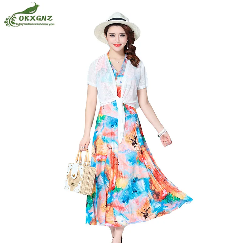 

Fine sleeveless milk silk ice silk dress new fashion sexy fat MM large size women's beach large long summer dress OKXGNZ AF689
