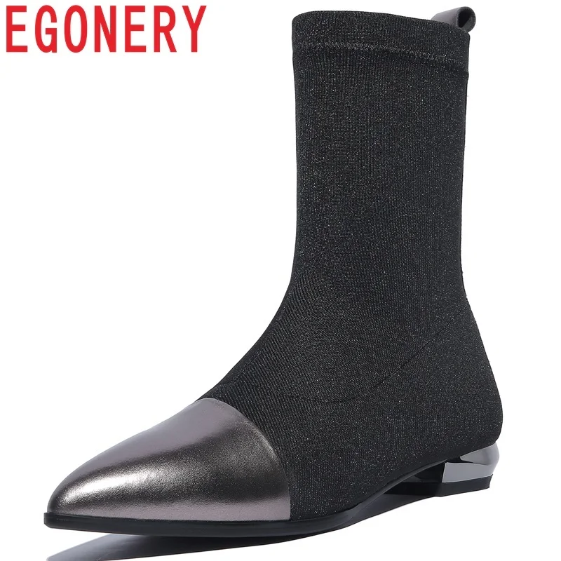 

EGONERY newest popular mixed colors genuine leather and stretch fabric pointed toe med strange style slip-on mid calf boots