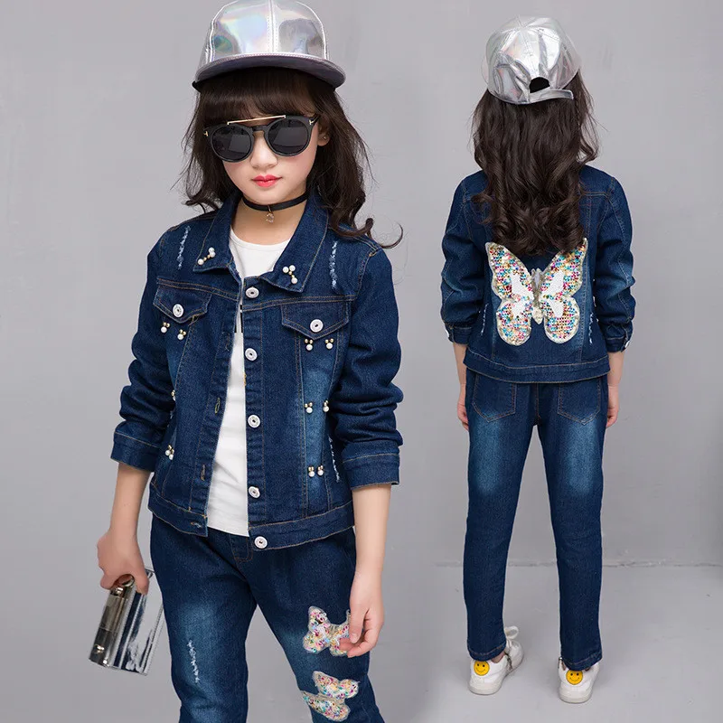 

Fashion Kids Clothing Sets Denim Suits Spring Autumn Big Girls Clothes Sets Outfits Blue Girls Denim Jackets+Jeans 2PCS Suits