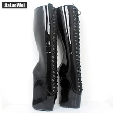 Jialuowei/Новые брендовые туфли на высоком каблуке " /18 см, балетки на танкетке, сексуальные фетиш сапоги, сапоги до колена из лакированной кожи на шнуровке, большие размеры