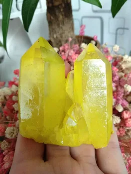 

Beautiful Light Yellow Aura Quartz Crystal Titanium Bismuth Silicon Cluster Rainbows Natural Stones and Minerals