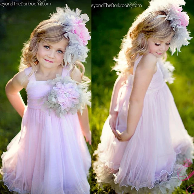Cheap Custom Make Little Flower Girls Dresses Square Neckline Hand Made Flowers Chiffon Tea Length Little Girls Party Dresses