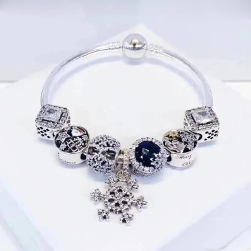 

100% 925 Sterling Silver Winter Christmas Bracelet Set Teardrop Snowflake Santa Charm Woman Charming Gift Original Jewelry