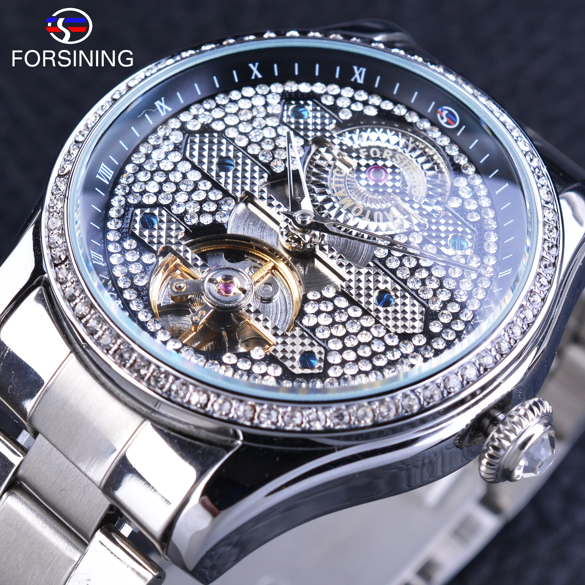 

Forsining Trendy Automatic Men's Wrist Watch Diamond Stainless Steel Band Tourbillion Clock Folding Clasp with Safety
