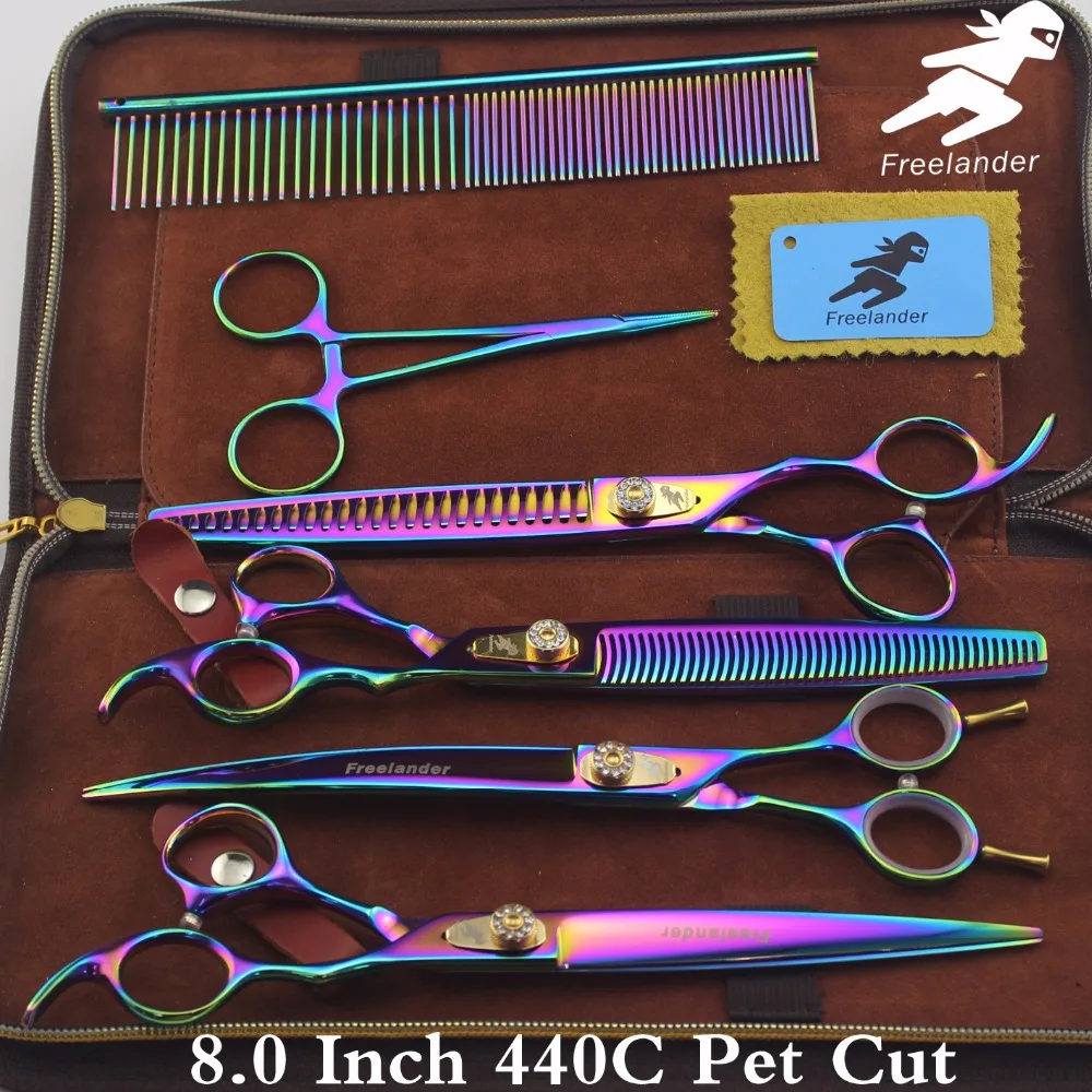 

8 "440C Professional pet grooming kit, direct and thinning scissors and curved pieces 4 pieces. color scissors set