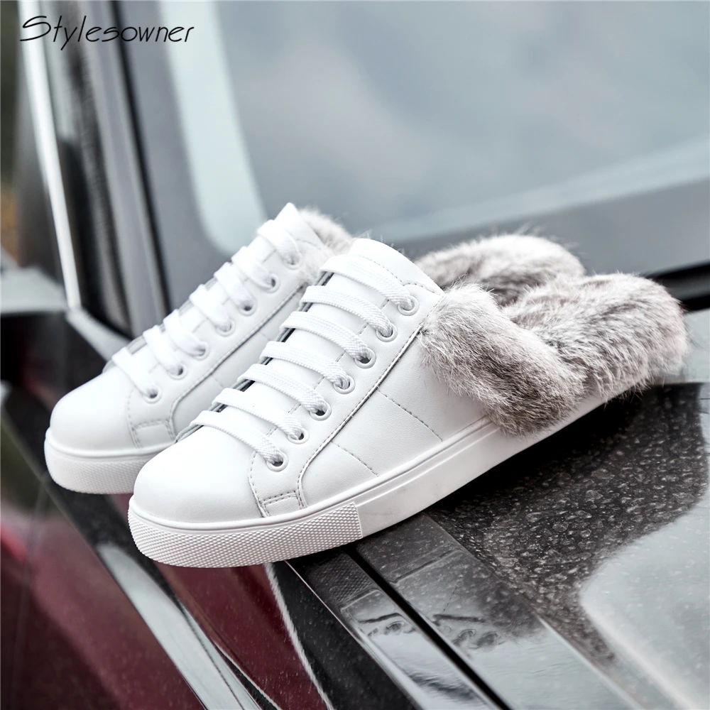

Stylesowner Women Fur Flat Slipper Shoes Rabbit Hair White Shoes Open Heel Lace Up Fluffy Shoes Autumn Winter Casual Flats Lady