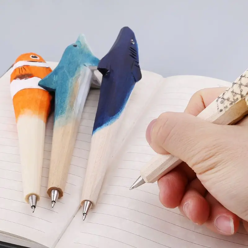 Ручная работа 3D Животные рыба креативная деревянная резная шариковая ручка инструмент для письма канцелярские товары школьные подарки для студентов