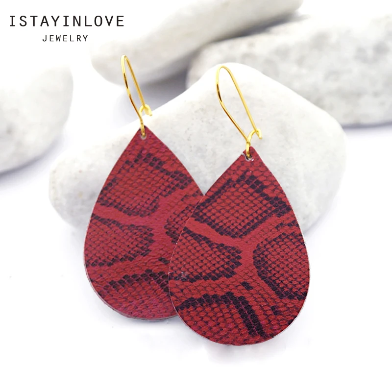 

ISTAYINLOVE JEWELRY Red Snake Pattern Jewelry Genuine Leather Dangle Earrings Silver Gold Ear Hooks Boho Teardrop Die Cut LET41