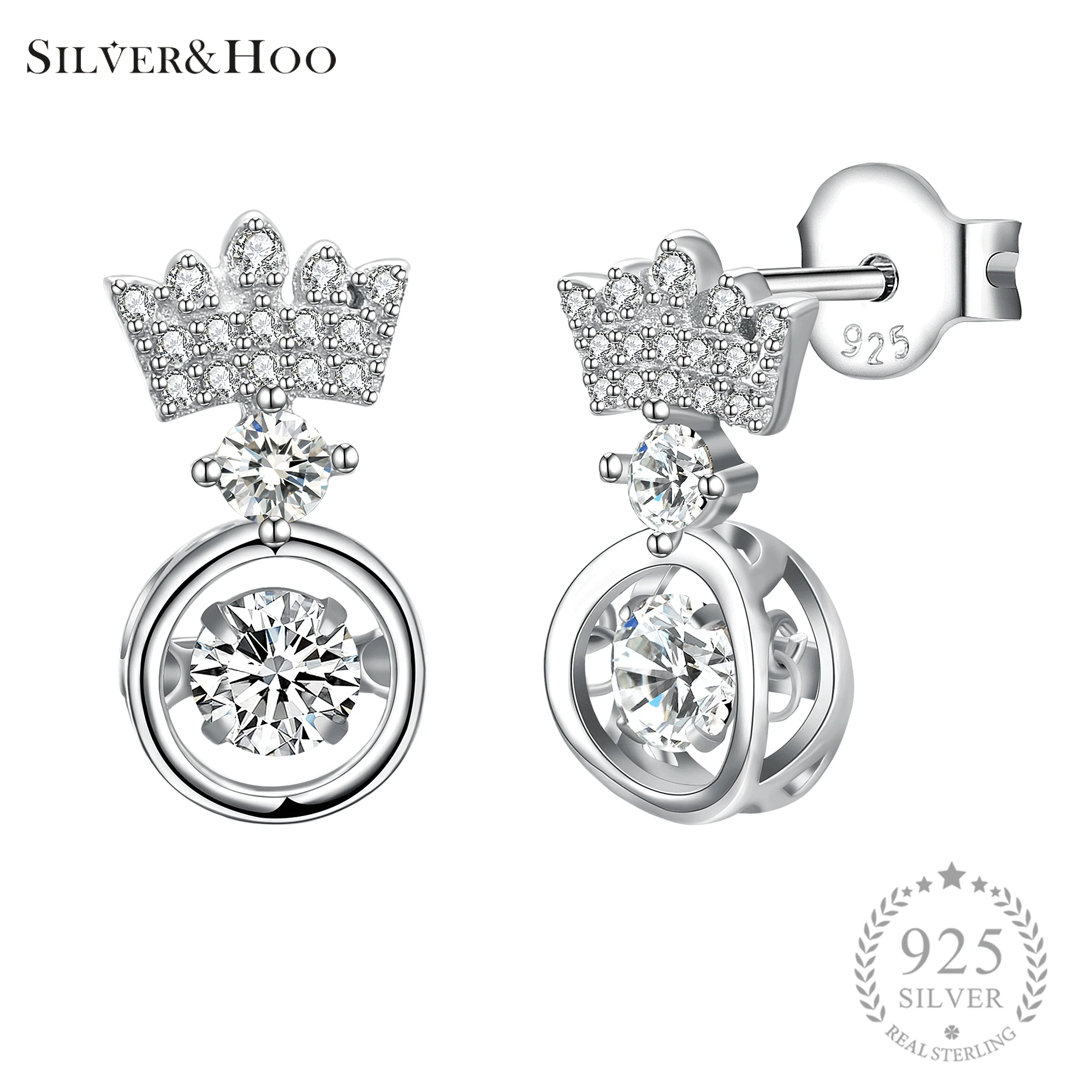 

SILVERHOO Romantic Fine Jewelry Crown Stud Earrings 925 Sterling Silver with AAA Cubic Zirconia CZ Gift for Women Wedding Round