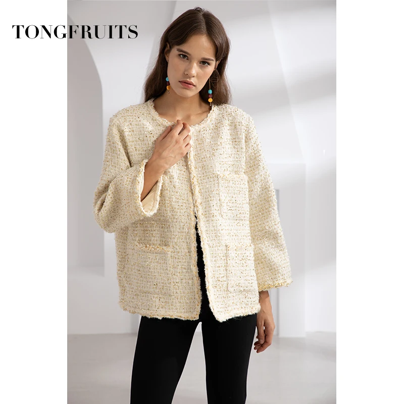 2019 Autumn Women Fashion Sequin Temperament Woven Fabric Long-sleeved Jacket Casual Pocket O-neck Woven Style Jacket Female