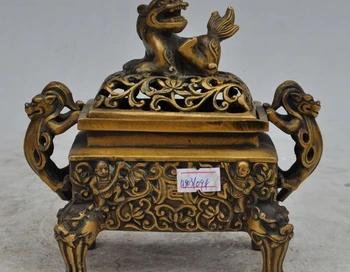 

old chinese bronze gilt boy foo dog lion dragon Pierced incense burner Censer