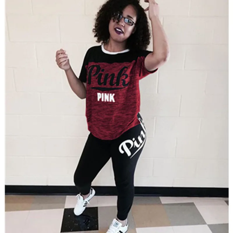 

Fashion sexy women casual pink letter print O-neck T-shirt + Long Pants 2pcs sets casual tracksuit Lady's outfits Night Overalls