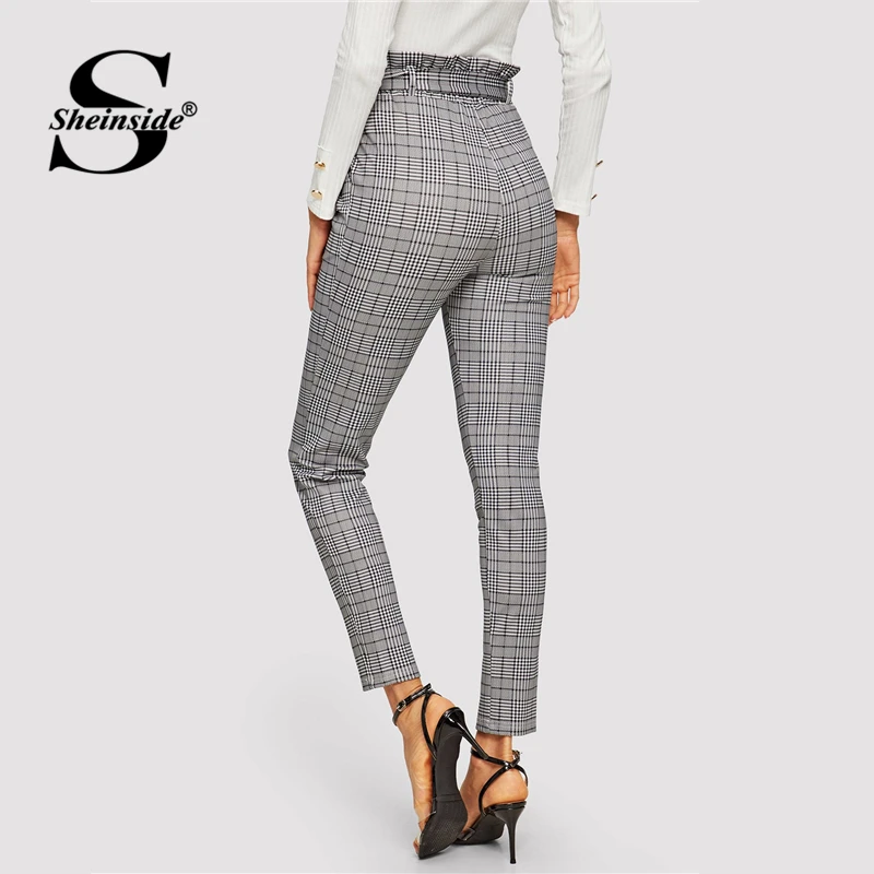 Sheinside серый бумажный мешок с высокой талией клетчатые брюки для сигарет элегантные женские брюки с поясом офисные женские OL рабочие длинные брюки