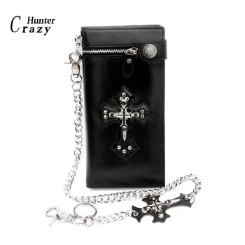 

Mens Gothic Skull Cross Leather Biker Punk Wallet with a Metal Long Chain Black