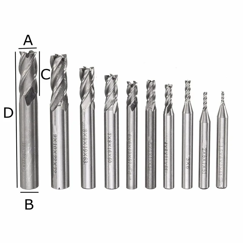 Фирменная новинка 10 шт./компл. Диаметр 1,5 мм до 10 мм HSS ЧПУ Фрезерный резак прямой хвостовик 4 Флейты лезвия алюминиевая Концевая фреза сверло