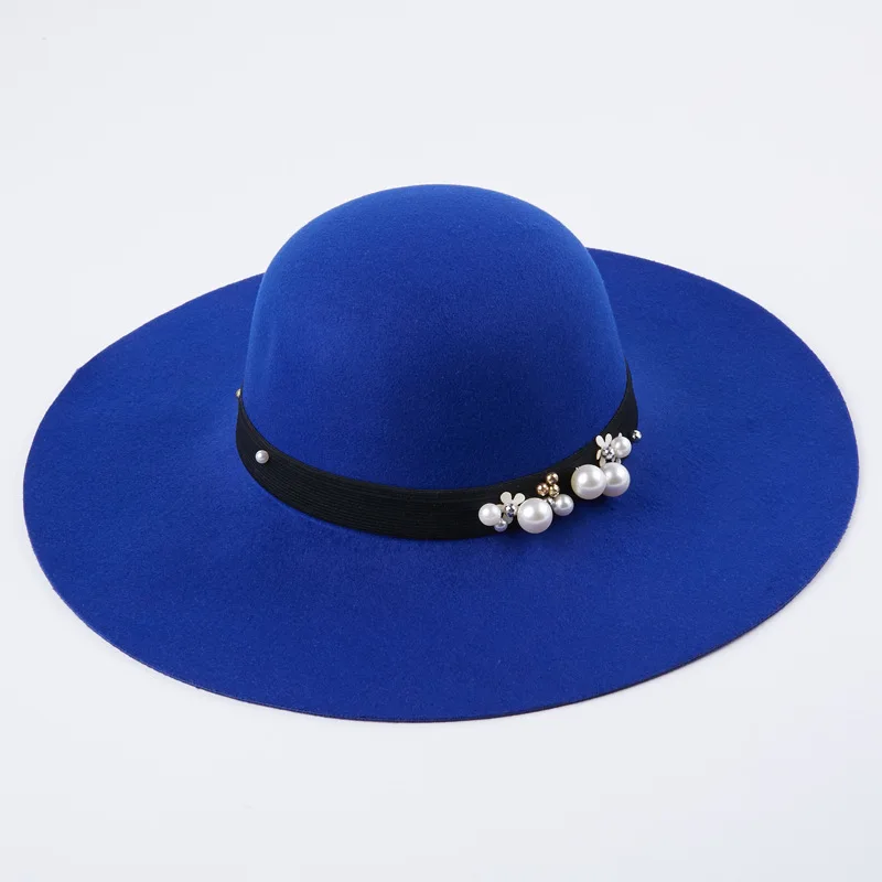 Осенне-зимние шапки, шапки для женщин, модная шерстяная фетровая шляпа с жемчугом для девушек, шляпы с широкими полями, Купольные GH-209 - Цвет: Sapphire Blue