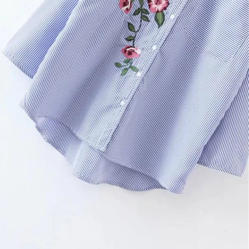 Scqp fashion полосатый вышивка синий женская верхняя одежда и блузки женские с длинным