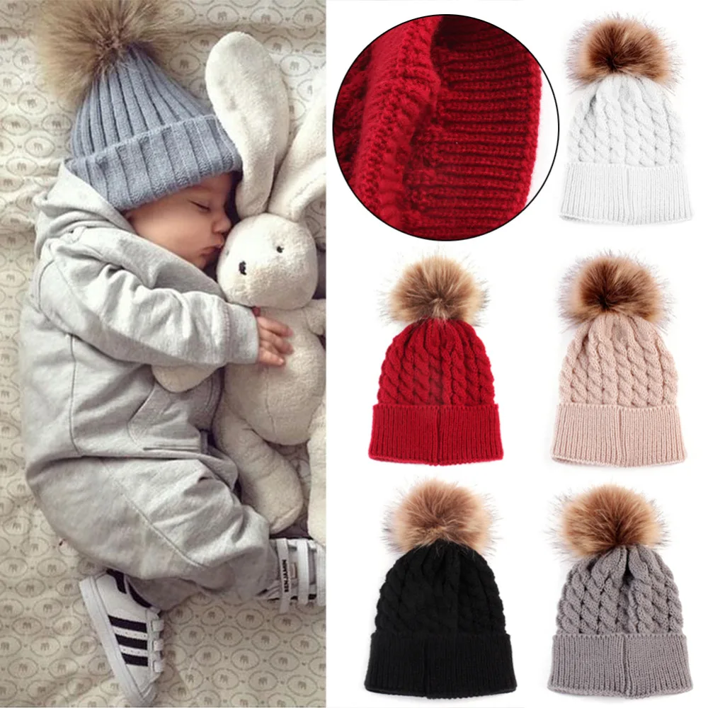 2018 Baby Hats Cute Fur Ball Pompom Hat Children's Winter Knitted Wool
