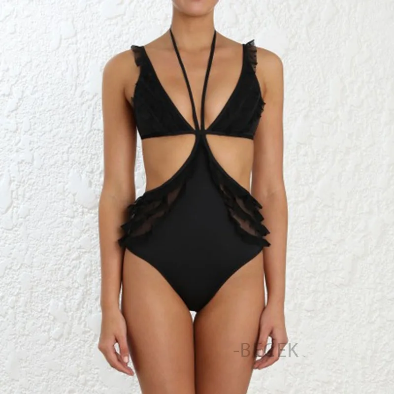 

Rash Guard Swimwear For Women Suit Surfing Women's Push-Up Swimsuit Plavky Full Swimsuits Black Neck Lace Hide Flesh Woman Solid