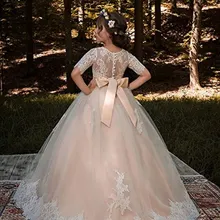 Элегантные, цвета шампанского с коротким рукавом кружевные апликации из тюля бальное платье для девочек в цветочек, платья для свадьбы и для дня рождения, платье-пачка, платье принцессы, детское платье