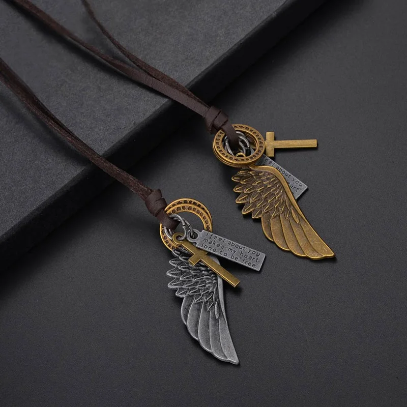 Vintage Leather Men Necklace Male Wing Cross Pendant Jewelry Chain For