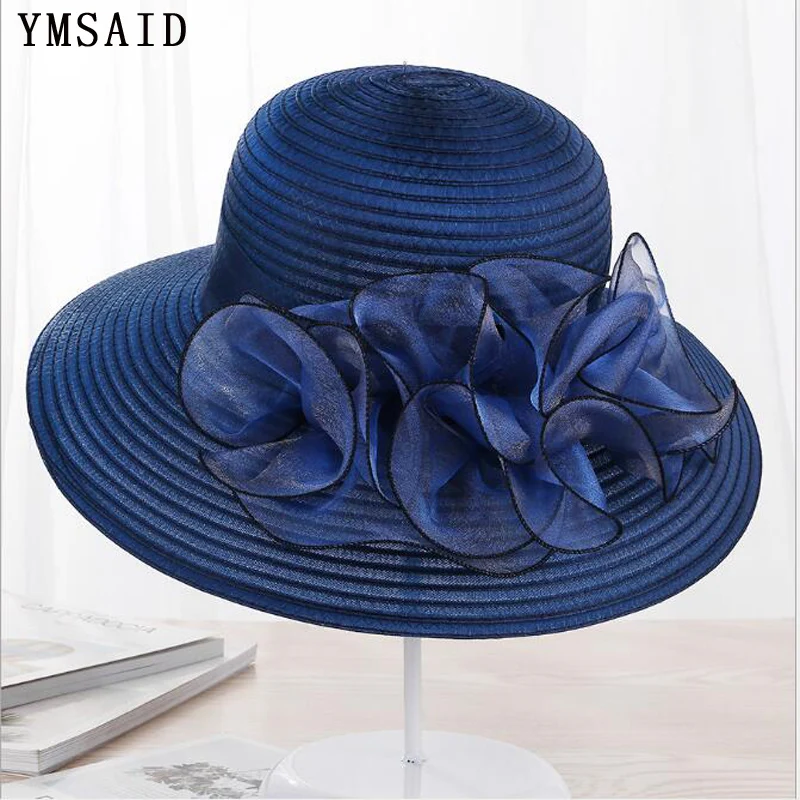 

2019 New Elegant Wide Brim Hats Organza Flower Sun Hats Ladies Kentucky Derby Wedding Party Dress Floppy Summer Hats for Women