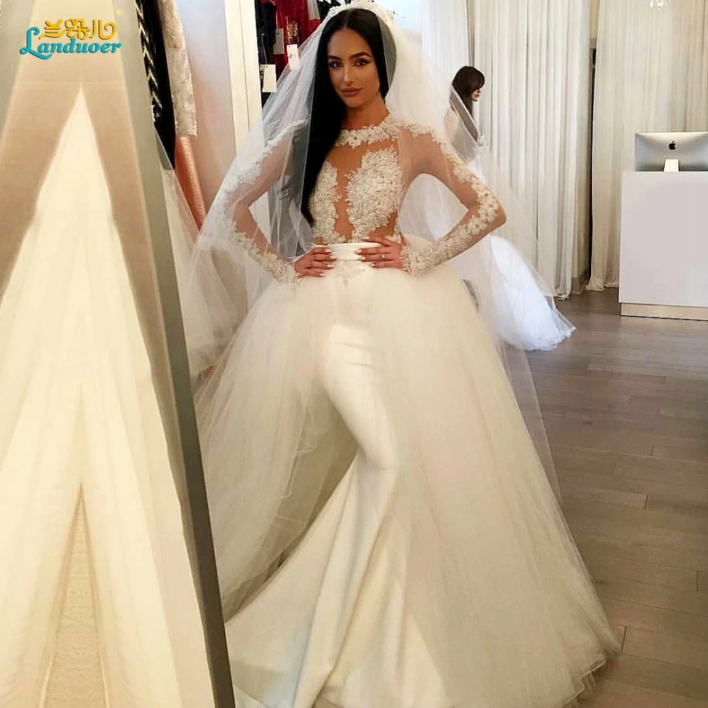 Two piece long sleeves wedding dresses 2017 mermaid long