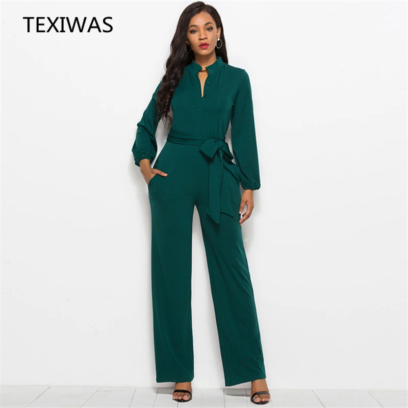 

TEXIWAS Spring Fashion Elegant Jumpsuits Women Plus Size 7 colors Rompers button belt Jumpsuits Female party Overalls Trousers