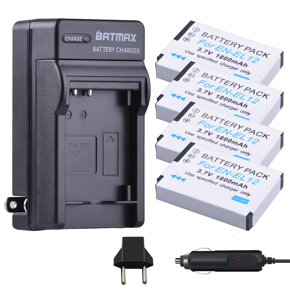 4Pcs EN EL12 Battery + Charger Kits for Nikon COOLPIX S9900, A900, W300, S9300 S6300, S9200