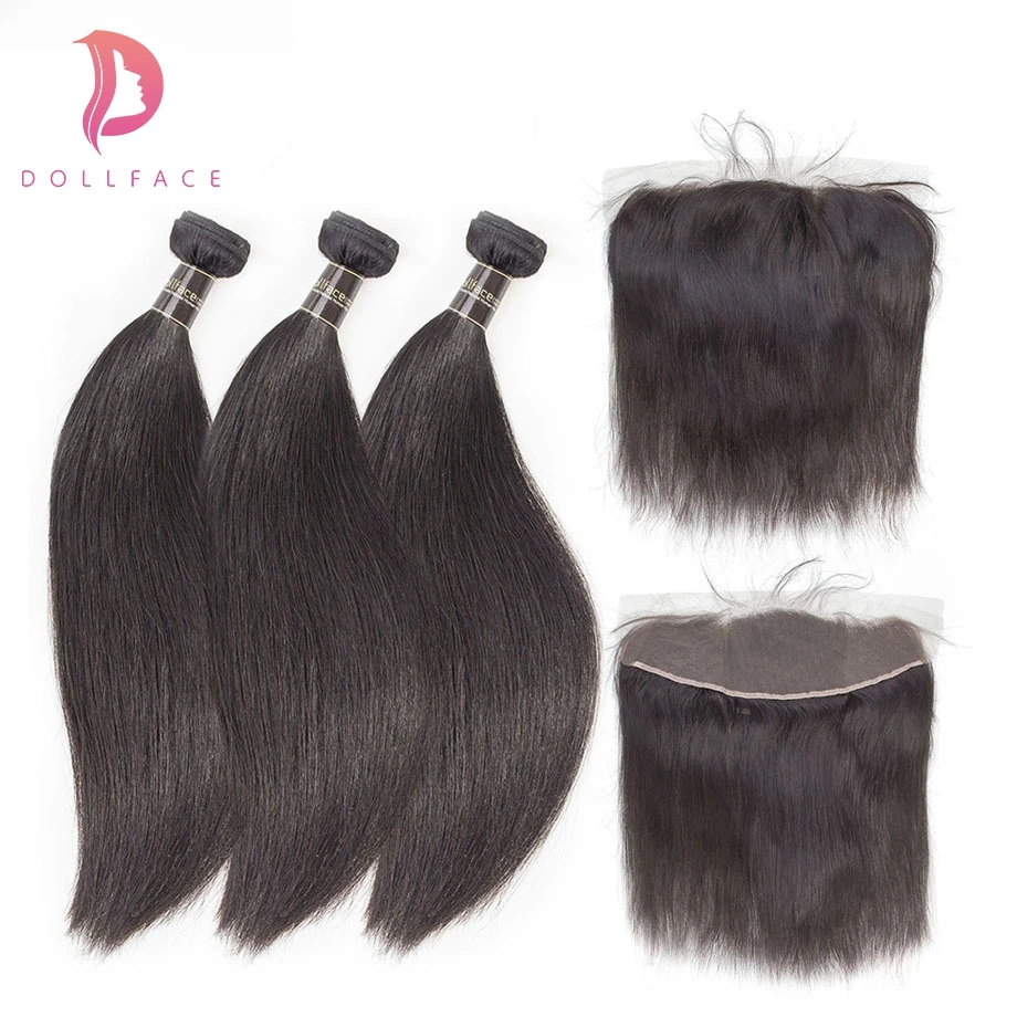 Dollface Peruvian Straight 3 Human Hair Bundles with Frontal Remy Lace Closure Extension Free Shipping | Шиньоны и парики