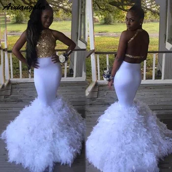

White With Gold Mermaid Prom Dresses 2019 Sleeveless Back Up Sequins Top Feather Prom Gown Black Girls Party vestidos de festa