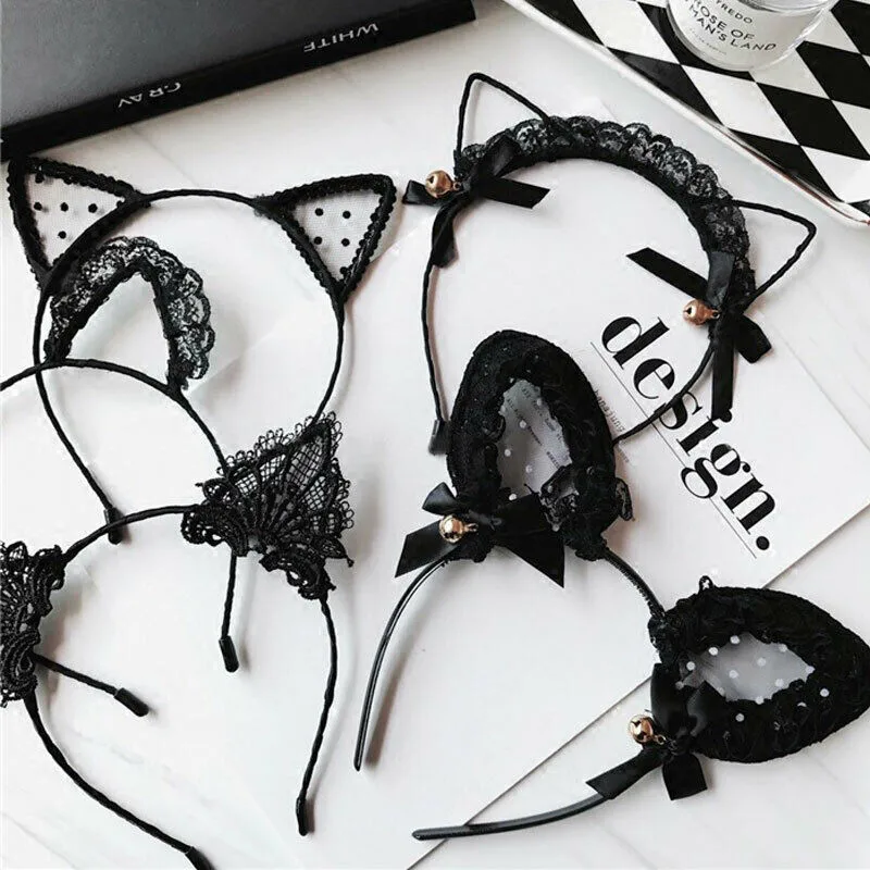 

NEW Women Cute Cat Ear Ribbon Hairband Lace Headband Wrap Gift Cosplay Party