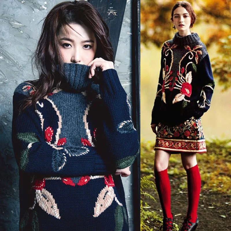 Autumn Winter Retro National Style Women Heavy Industry Embroidery Three-dimensional Plate Flower Turtle Neck Sweater Women Autumn Winter Retro National Style Women Heavy Industry Embroidery Three-dimensional Plate Flower Turtle Neck Sweater Women