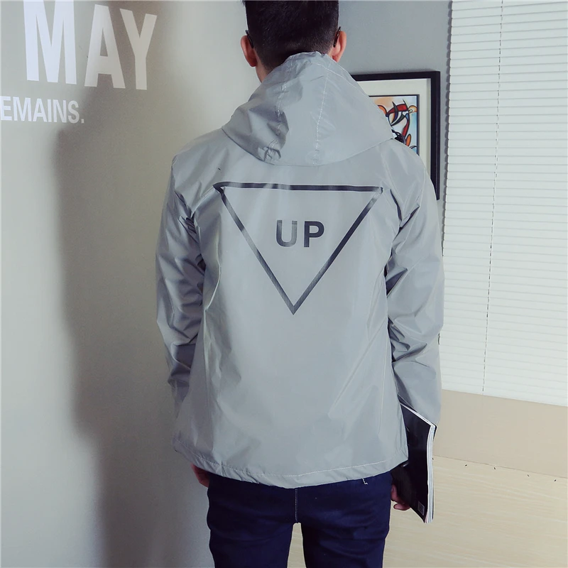 Для мужчин весна полный 3M Светоотражающие мужская куртка-ветровка уличная одежда в стиле «хип-хоп» с принтом Свободное пальто с капюшоном флуоресцентная одежда