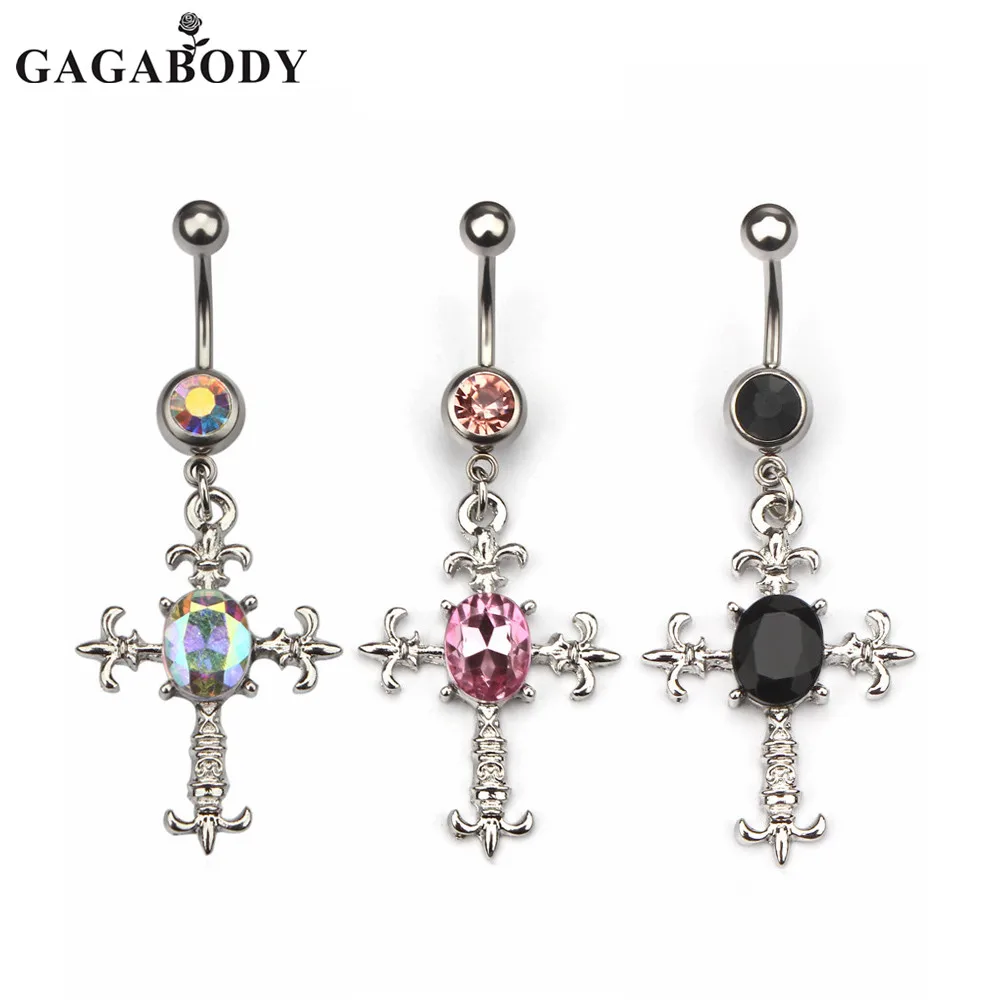316L Surgical Steel CZ Cross Navel Dangle Belly Ring 1PC Belly Button