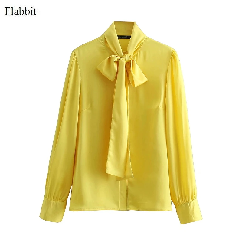 

Flabbit women elegant solid color bow tie simple smock shirts blouse women casual satin chic femme chemise blusas tops LX0399