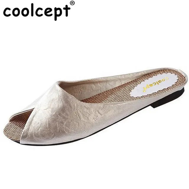 Coolcept The Flip Flops Women Soft Leather Shoes Leopard Print Peep Toe Sandals Women's Slippers Women Flats Plus Size 35-40