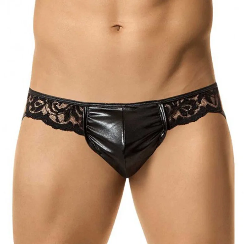 Mens Sexy Lingerie Underwear Black Lace Leather Patchwork G-Strings Thongs Low Waist Erotic Open Back Gay Fetish Thongs XL