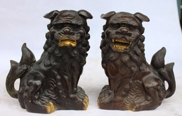 

shitou 003249 China Bronze Gilt Guardian Foo Fu Dog Phylactery Door Lion Statue Sculpture Pair