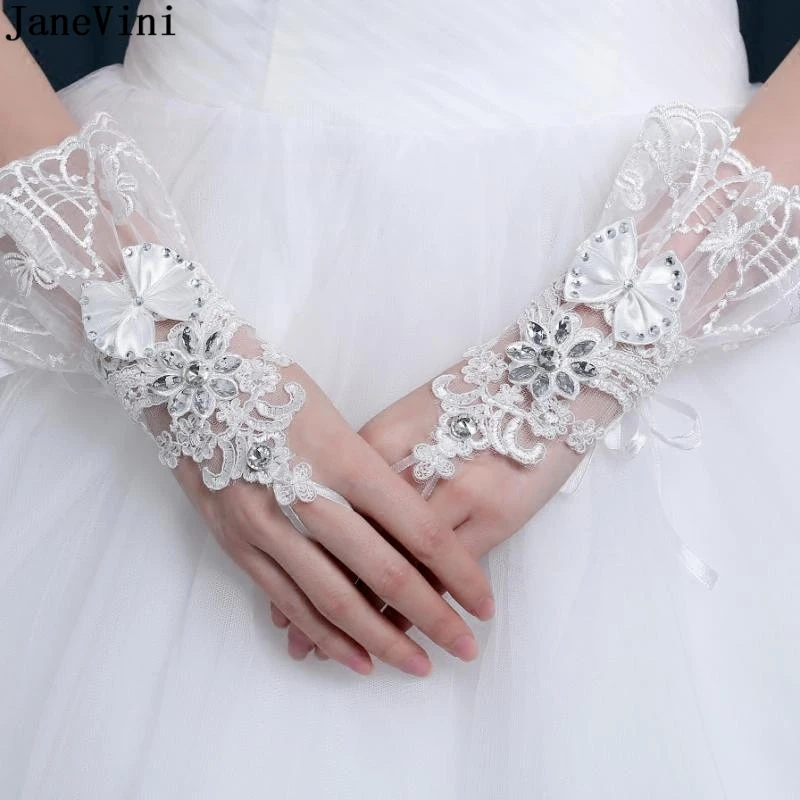 JaneVini 2019 White Wedding Gloves Opera Length Fingerless Lace Beaded Bridal Gloves Women Wedding Accessories Guantes Blancos