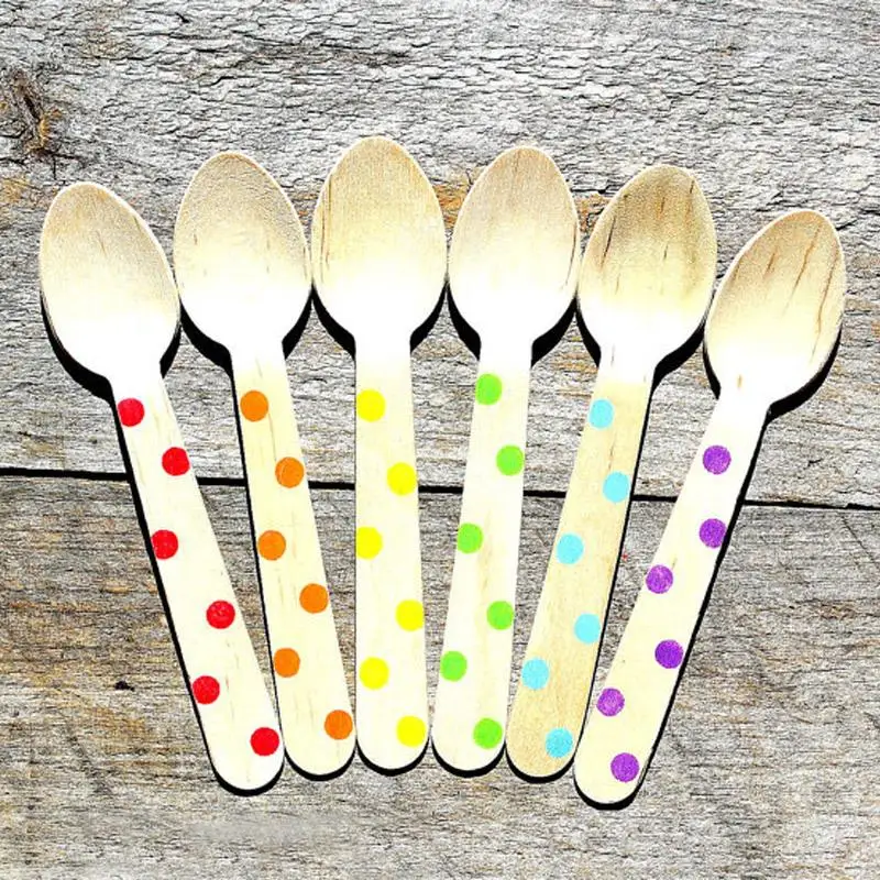 colorful dot Wooden spoon Disposable Utensils,Ice Cream Kids Birthday
