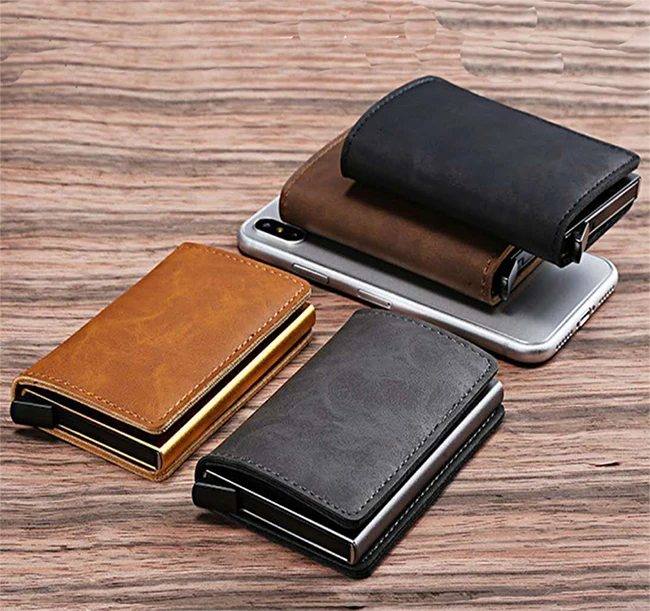 Casekey انن جلد ضئيلة Rfid البسيطة بطاقة محافظ للرجال معدن الألمنيوم عملة محفظة مع الجيب الخلفي ID بطاقة حالة حامل